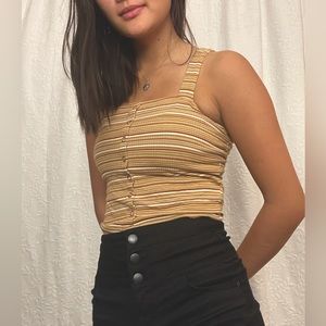 Mustard yellow & white striped cropped tank-top with buttons down the middle